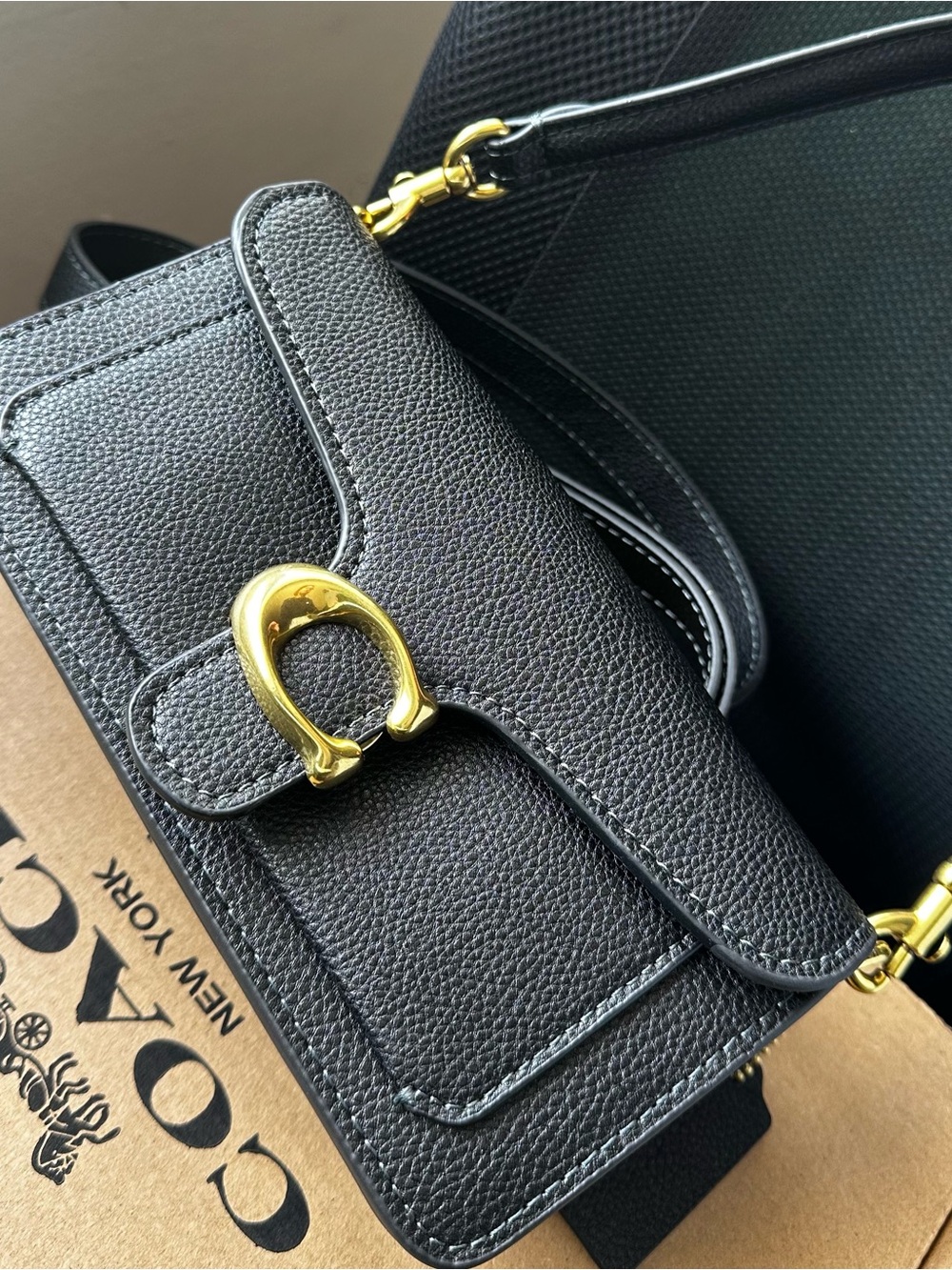 Coach Black Pebbled Leather Crossbody with Gold Accent